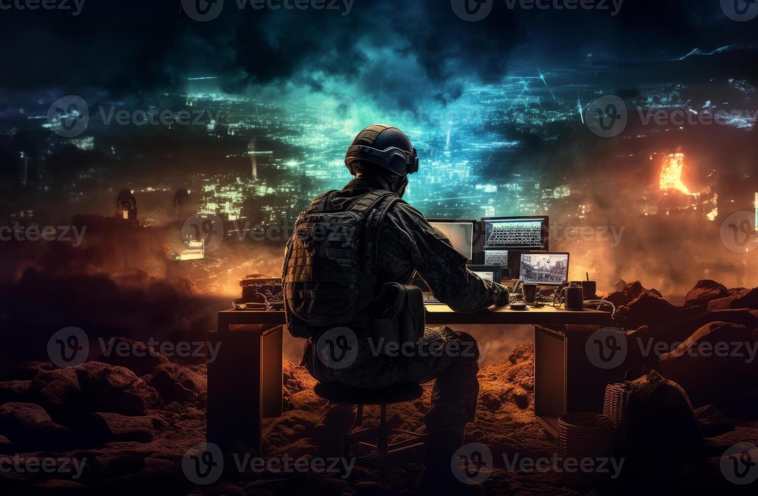 Techno-Warfare Professional Soldier Engaged with Combat Holograms on Computer.Generated image photo
