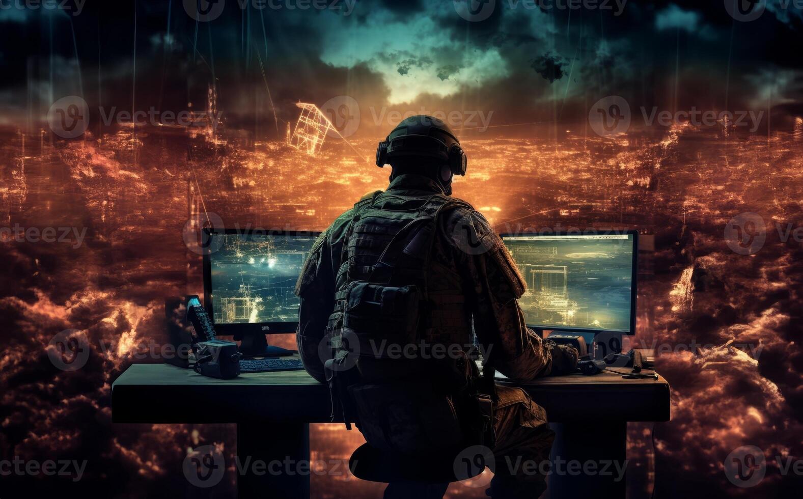 Techno-Warfare Professional Soldier Engaged with Combat Holograms on Computer.Generated image photo