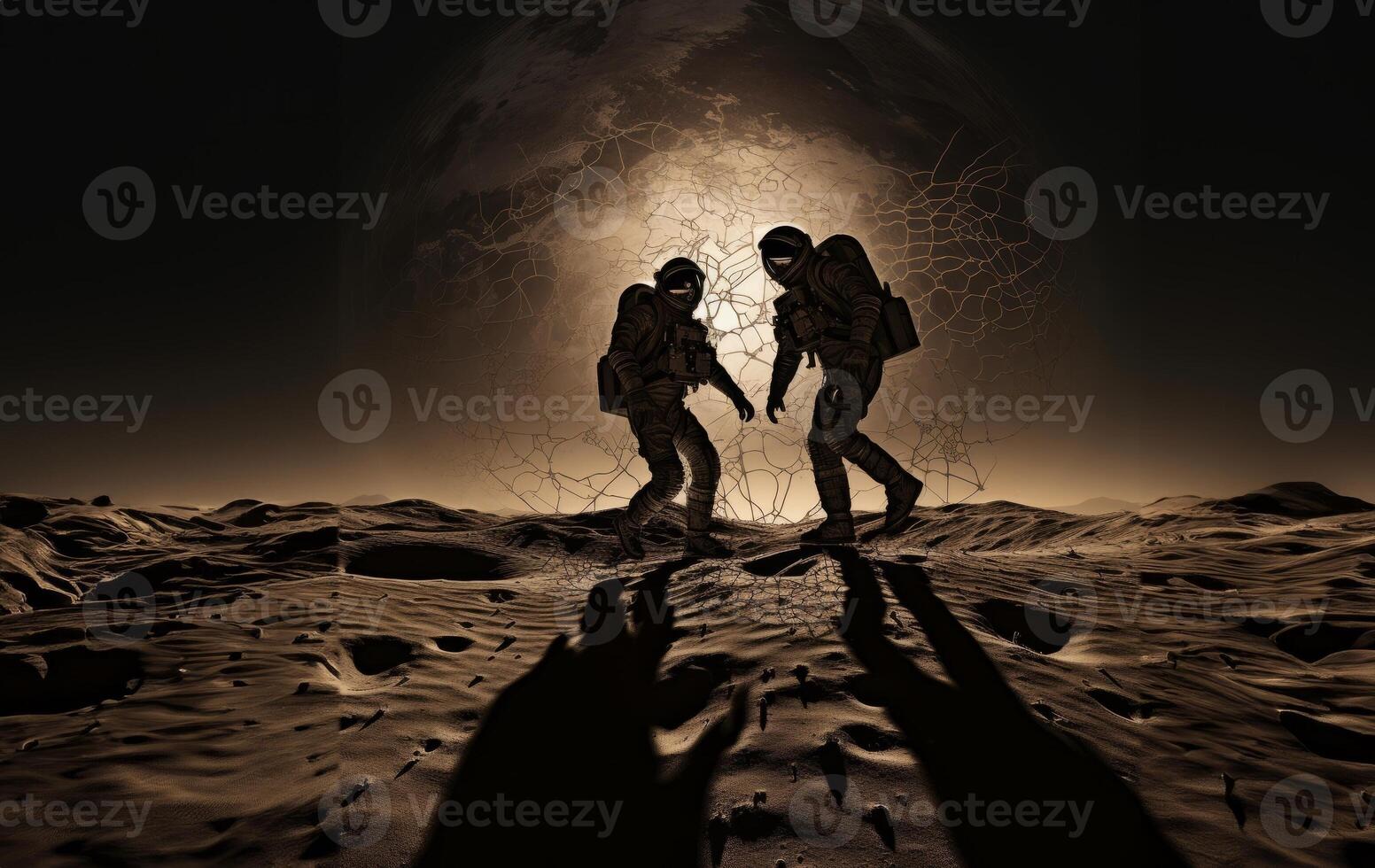 Astronaut Duo Explores the Dark Side of the Moon.Generated image photo