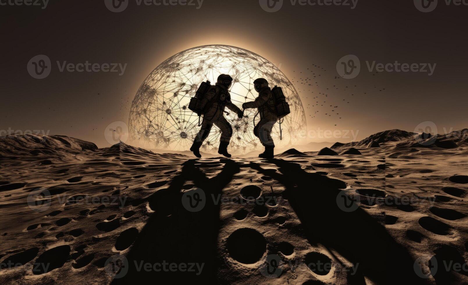 Astronaut Duo Explores the Dark Side of the Moon.Generated image photo