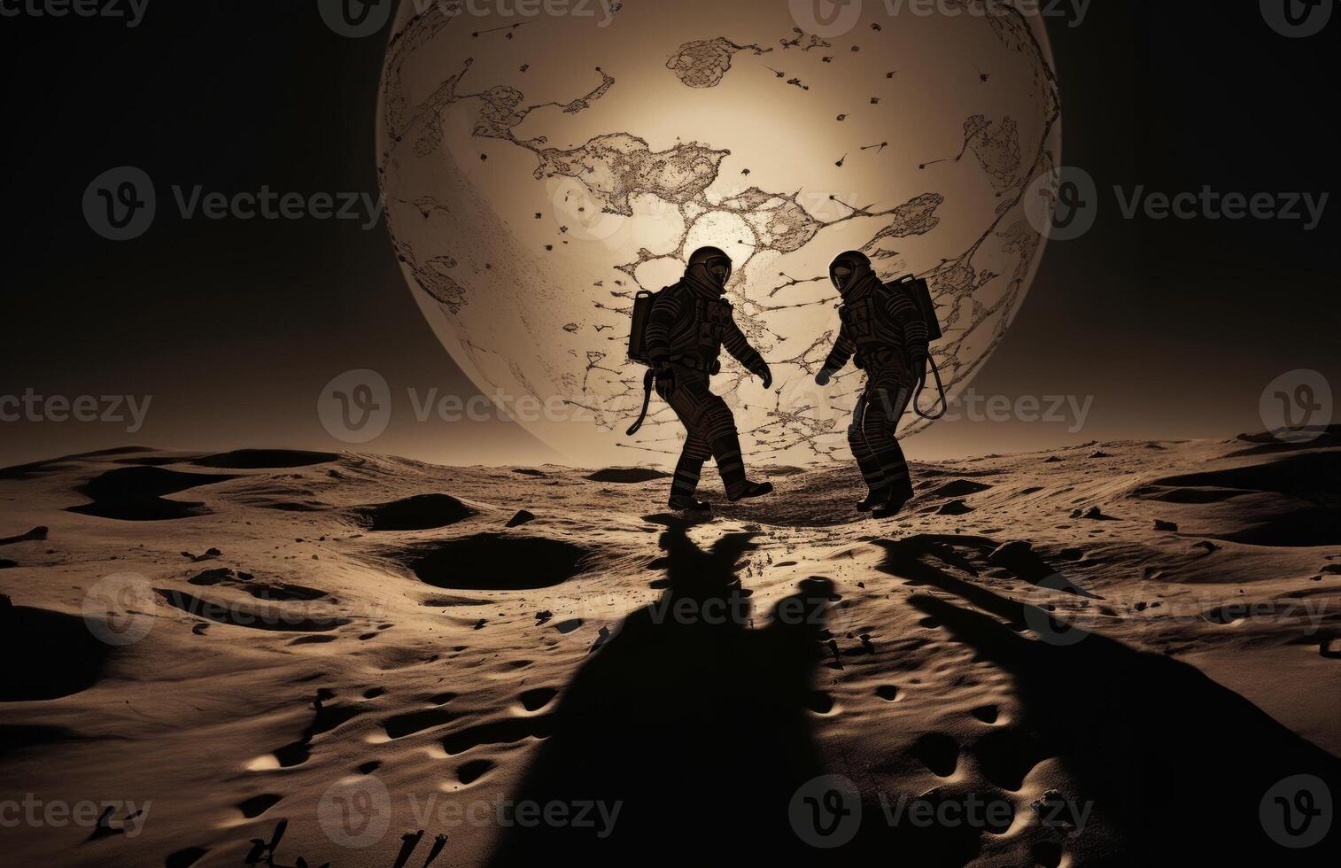 Astronaut Duo Explores the Dark Side of the Moon.Generated image photo