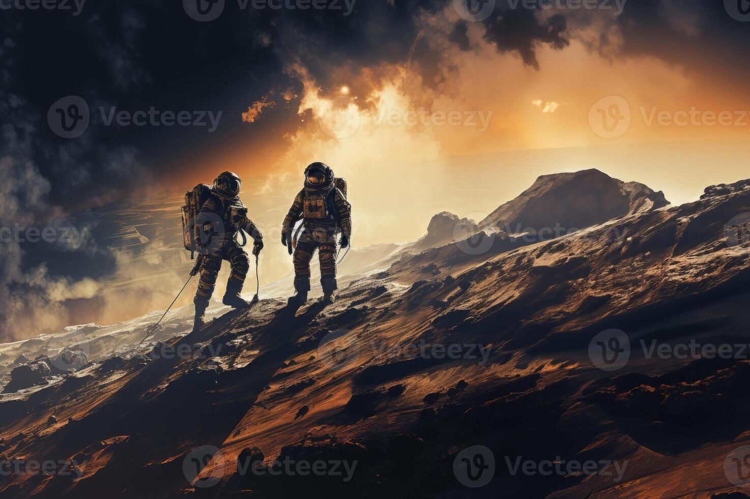 Astronaut Duo Explores the Dark Side of the Moon.Generated image photo