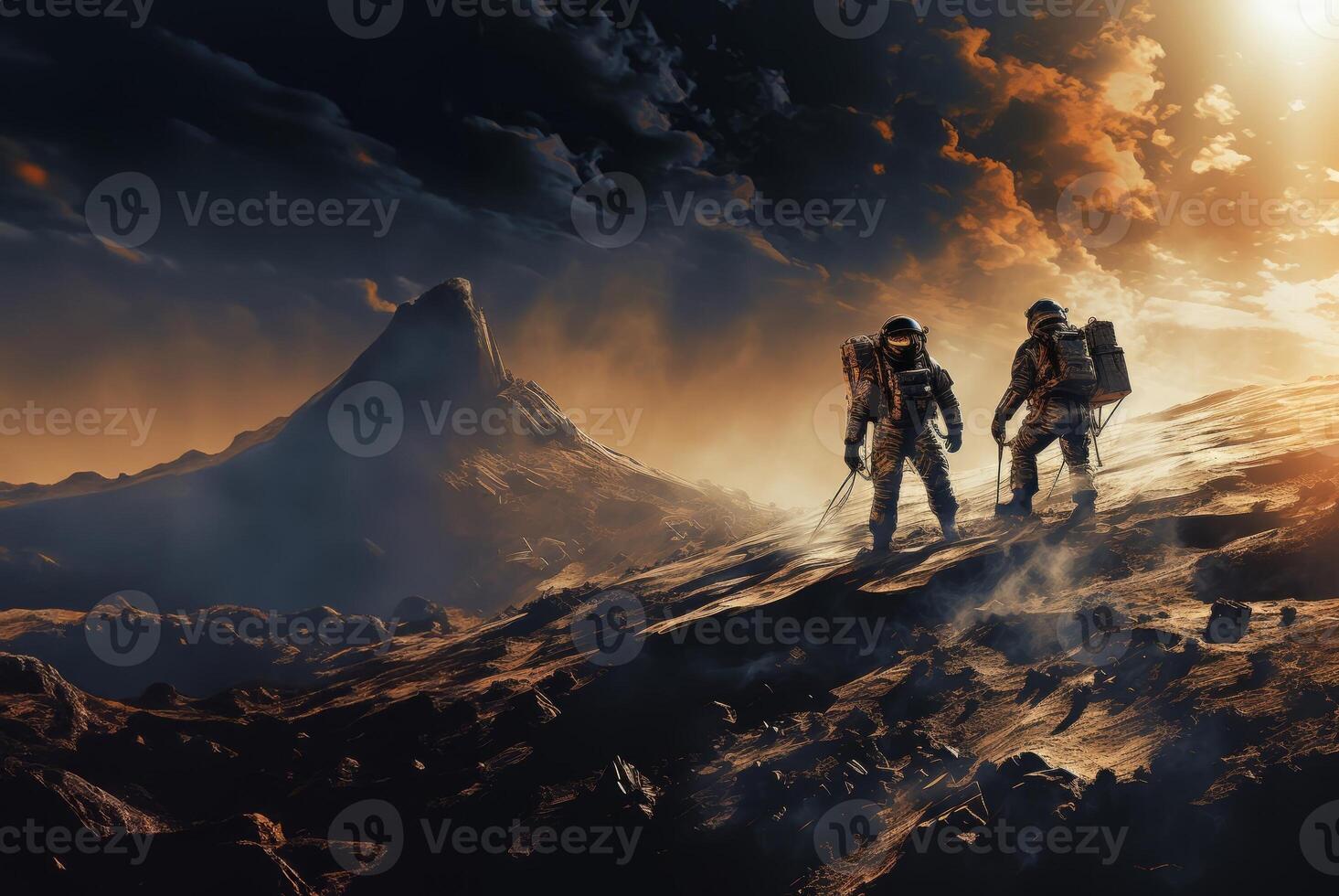Astronaut Duo Explores the Dark Side of the Moon.Generated image photo
