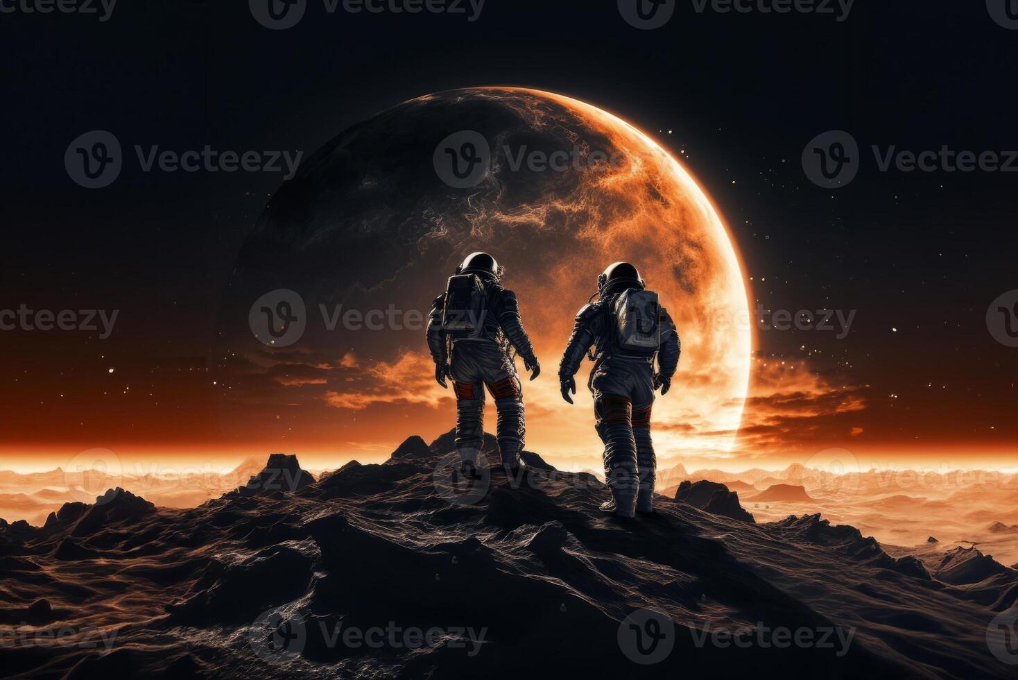Astronaut Duo Explores the Dark Side of the Moon.Generated image photo