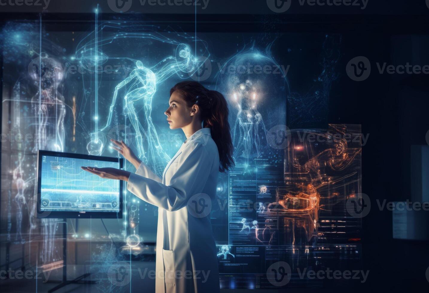 Exploring the Human Body. Doctor Researches in Modern Institute Surrounded by Medical Holograms.Generated image photo