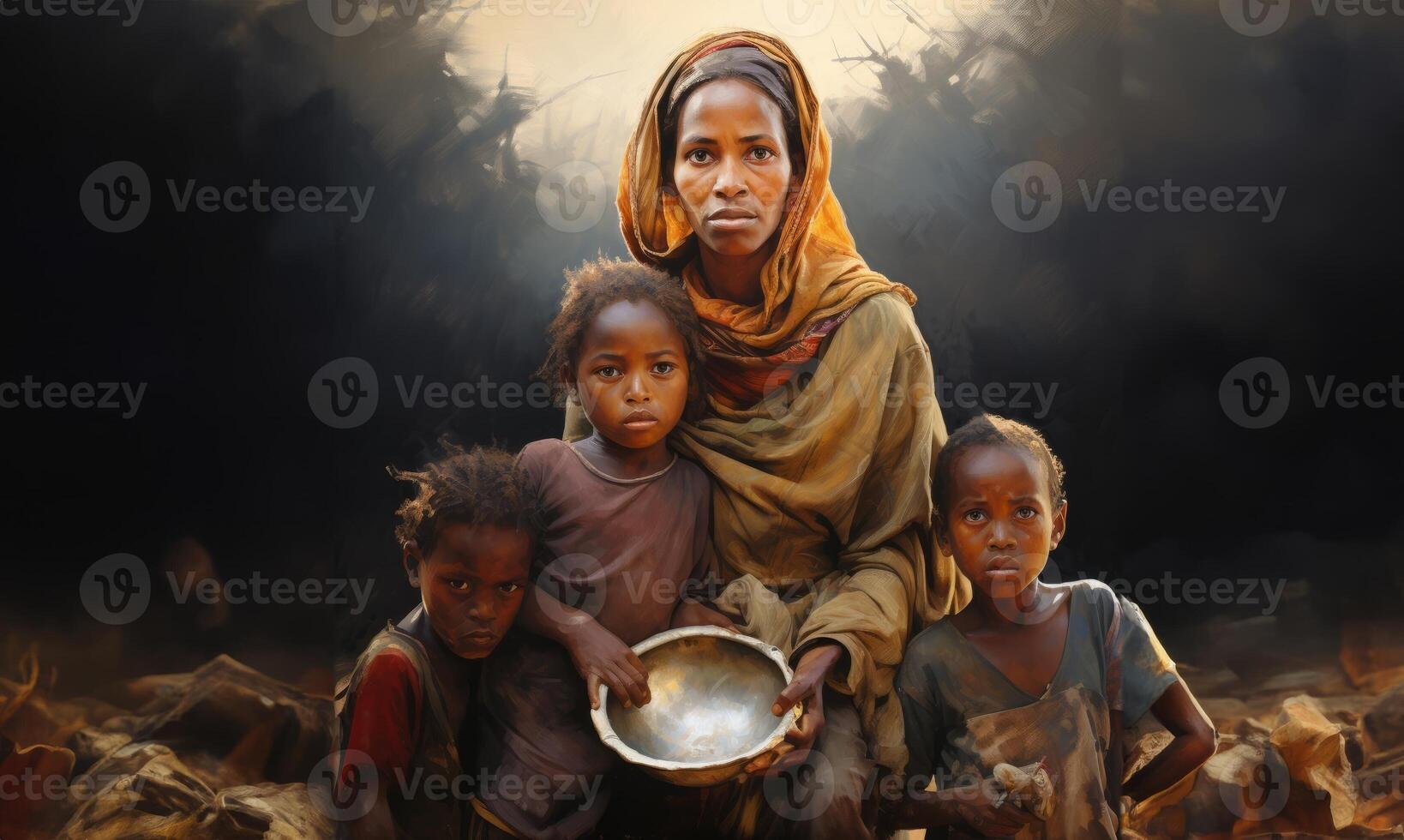 African-American Mother Nourishes Her Hungry Children.Generated image photo