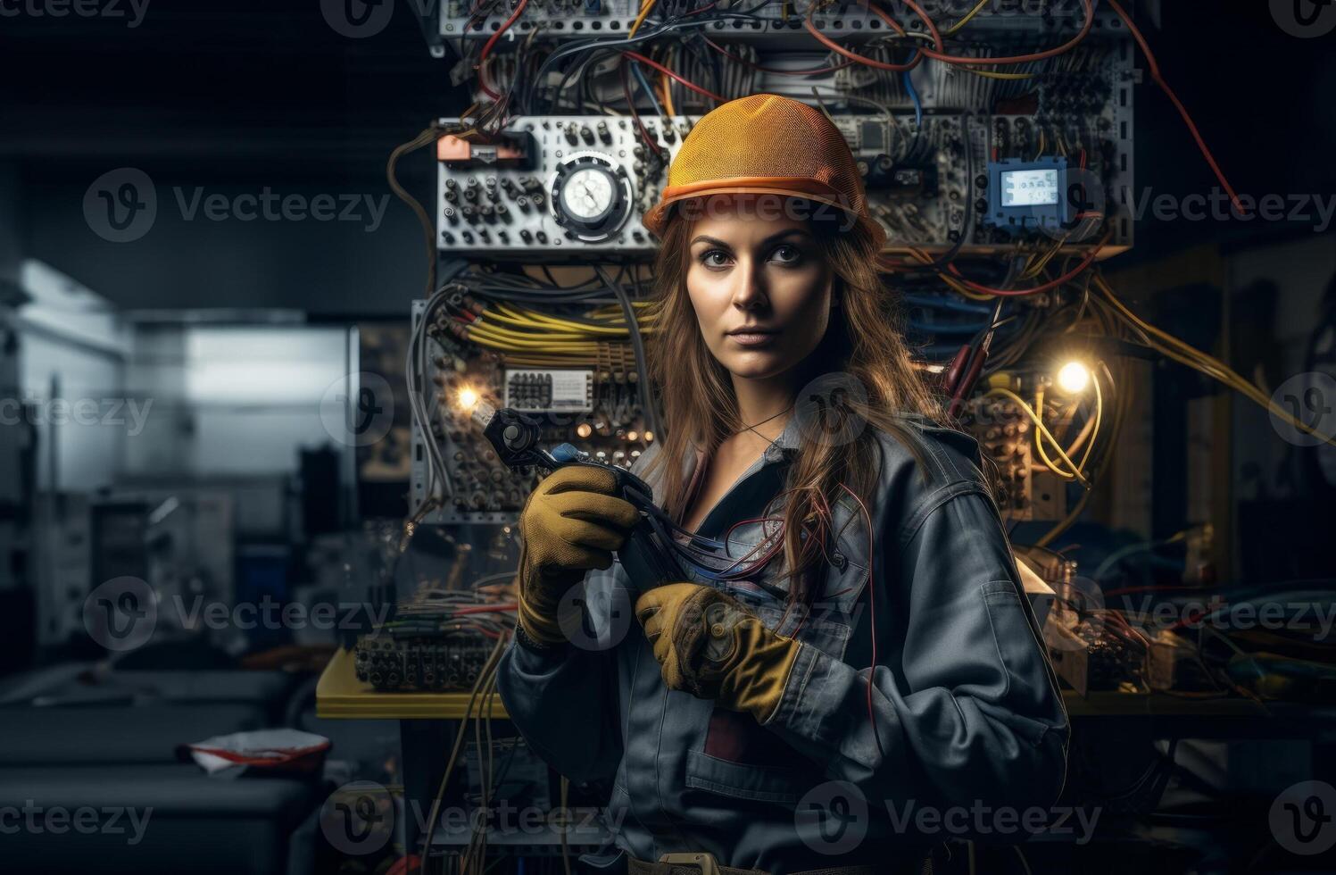 Woman Working in Electronics Service Surrounded by Modern Computers and Cables.Generated image photo