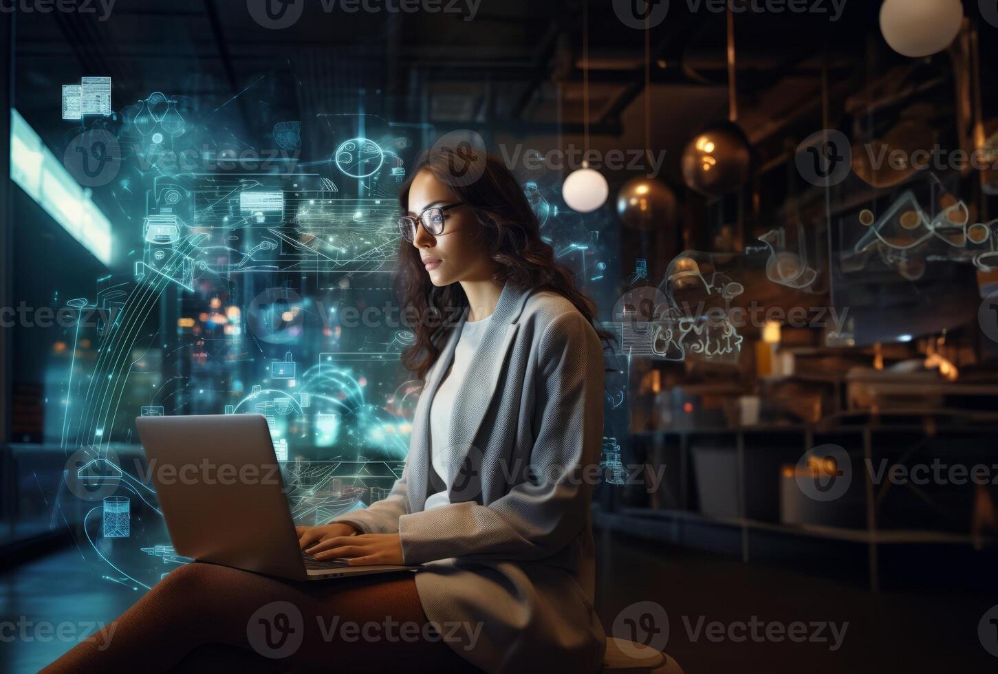 Woman Hacker Surrounded by Symbolic Holographic Technology.Generated image photo
