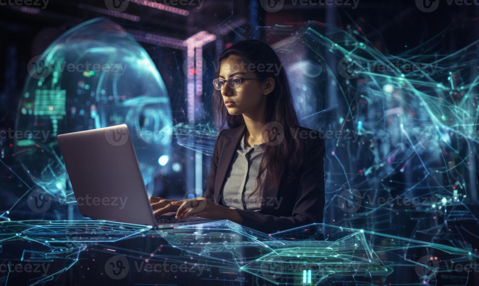 Woman Hacker Surrounded by Symbolic Holographic Technology.Generated image photo