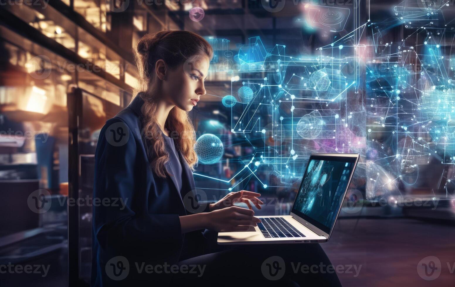 Woman Hacker Surrounded by Symbolic Holographic Technology.Generated image photo