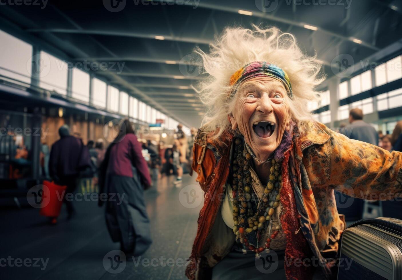 Happy Elderly Woman at Airport, Excited for Adventurous Journey.Generated image photo