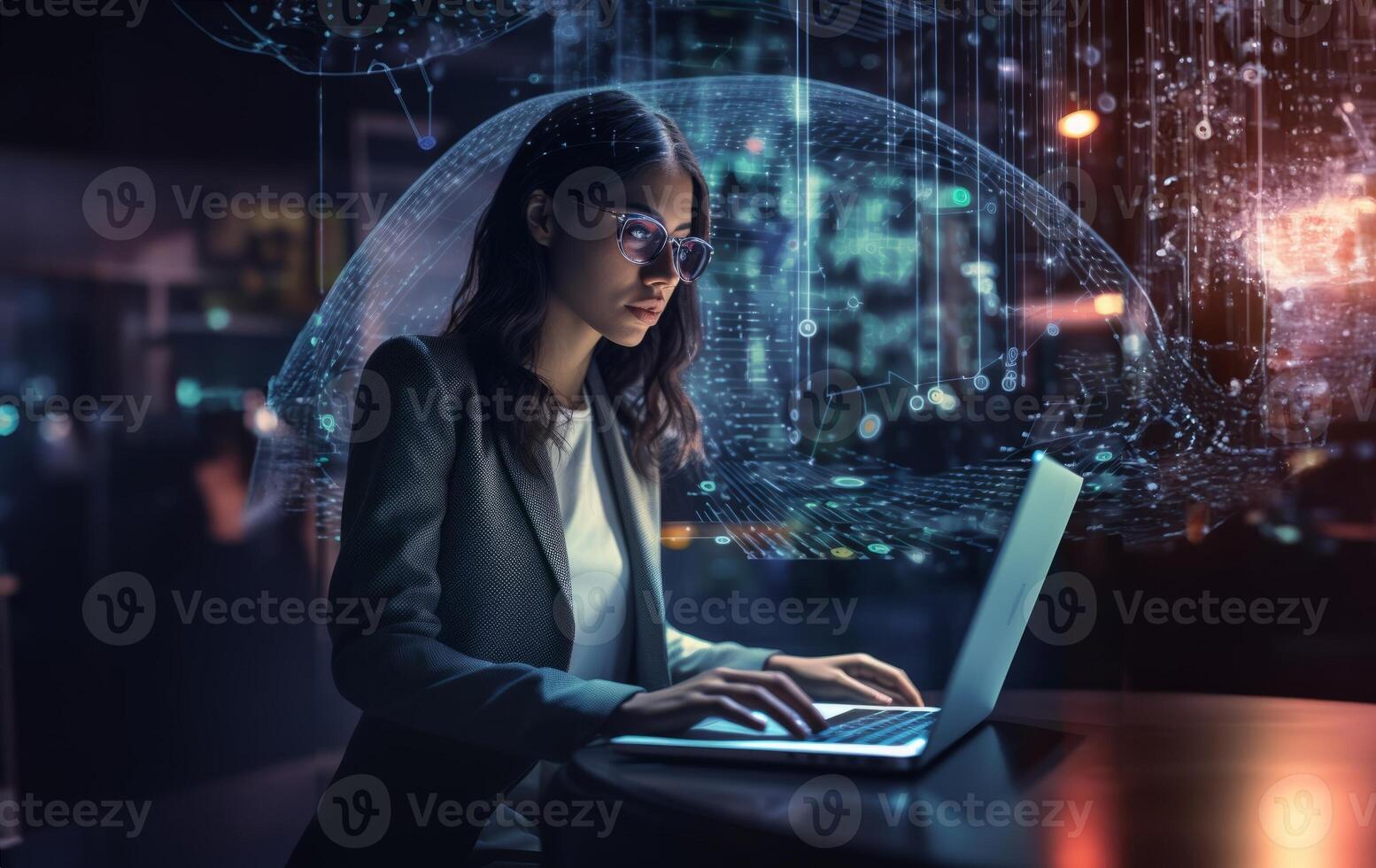 Woman Hacker Surrounded by Symbolic Holographic Technology.Generated image photo