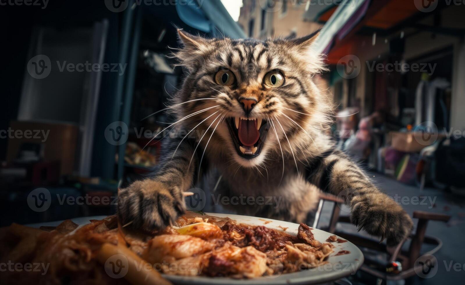A hungry cat attacks its food with a wild fury.Generated image photo