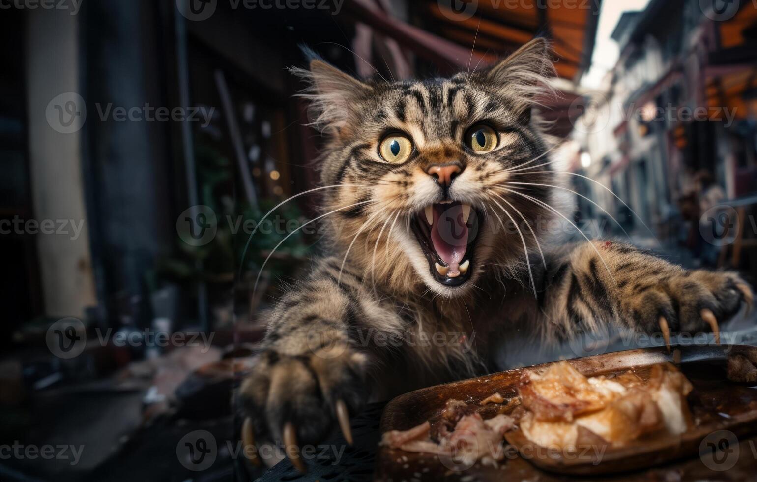 A hungry cat attacks its food with a wild fury.Generated image photo