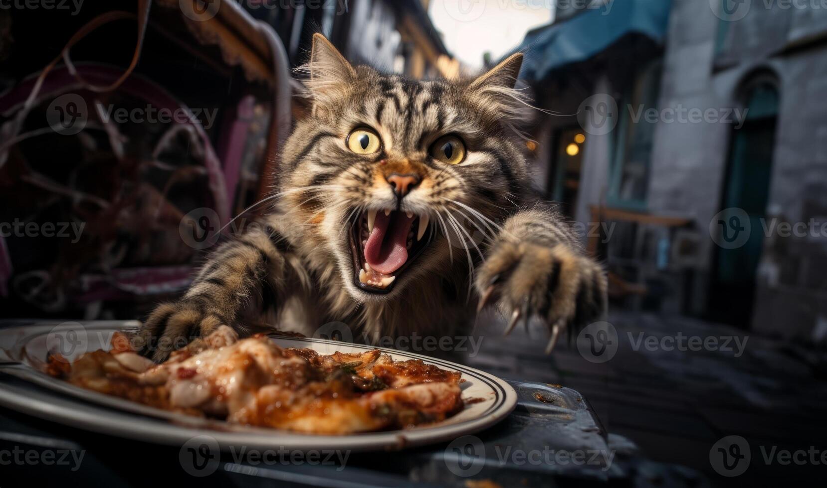 A hungry cat attacks its food with a wild fury.Generated image photo