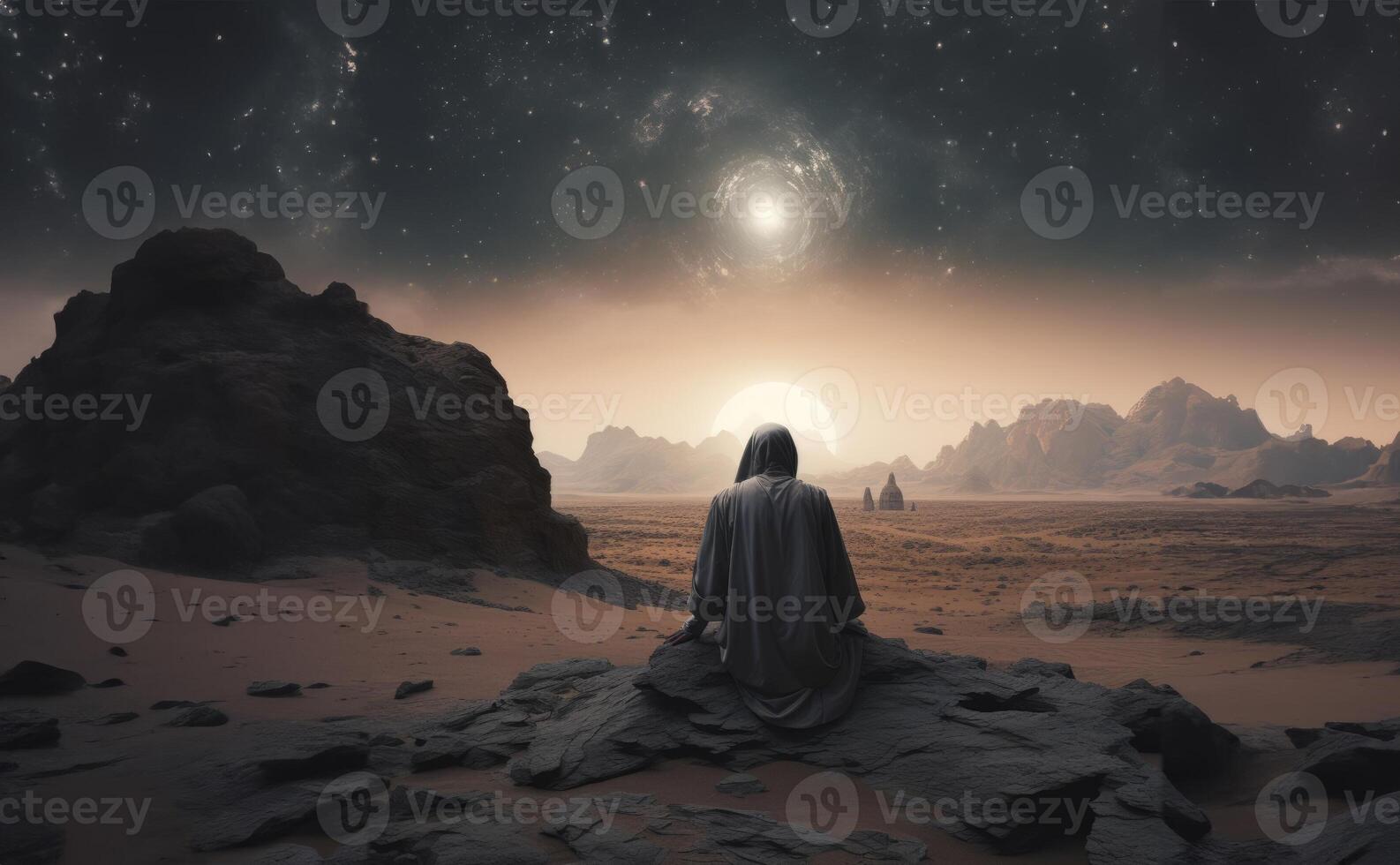A Muslim woman in hijab stands on the surface of the moon, welcoming the first Ramadan in a new era of space exploration.Generated image photo
