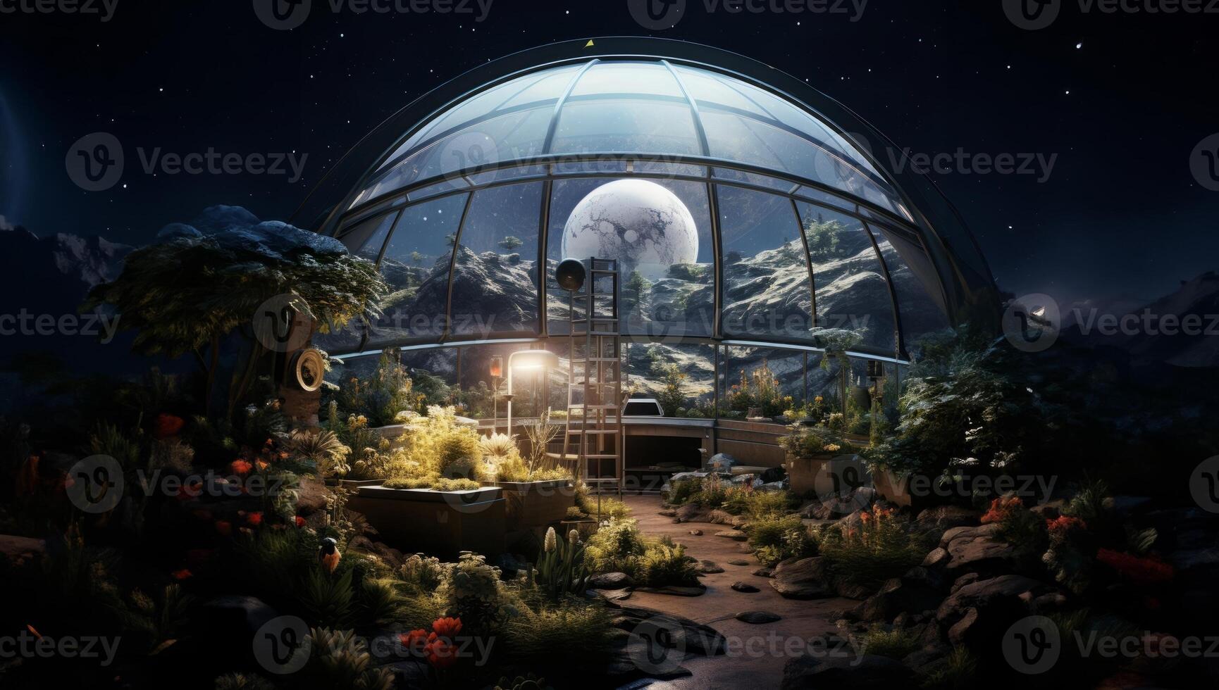 Earth Plants Thrive in Lunar Greenhouse.Generated image photo