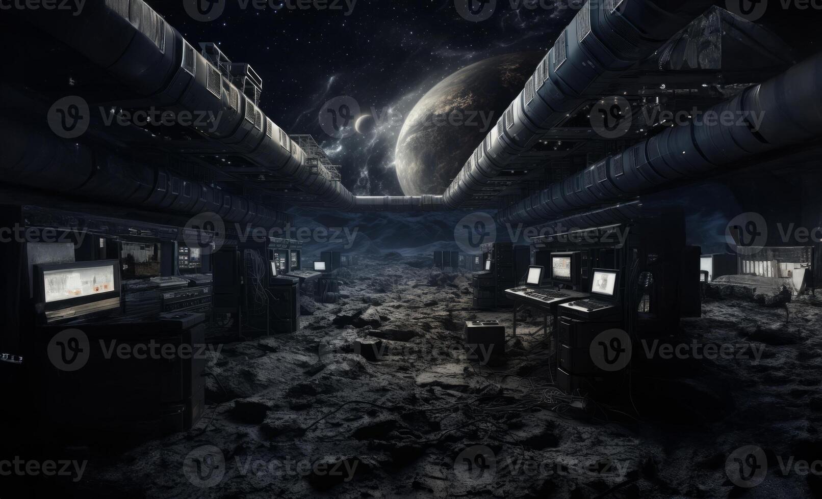 A crashed spaceship on the lunar surface is a haunting reminder of the dangers of space exploration.Generated image photo