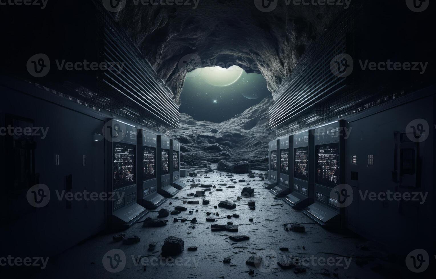 A crashed spaceship on the lunar surface is a haunting reminder of the dangers of space exploration.Generated image photo