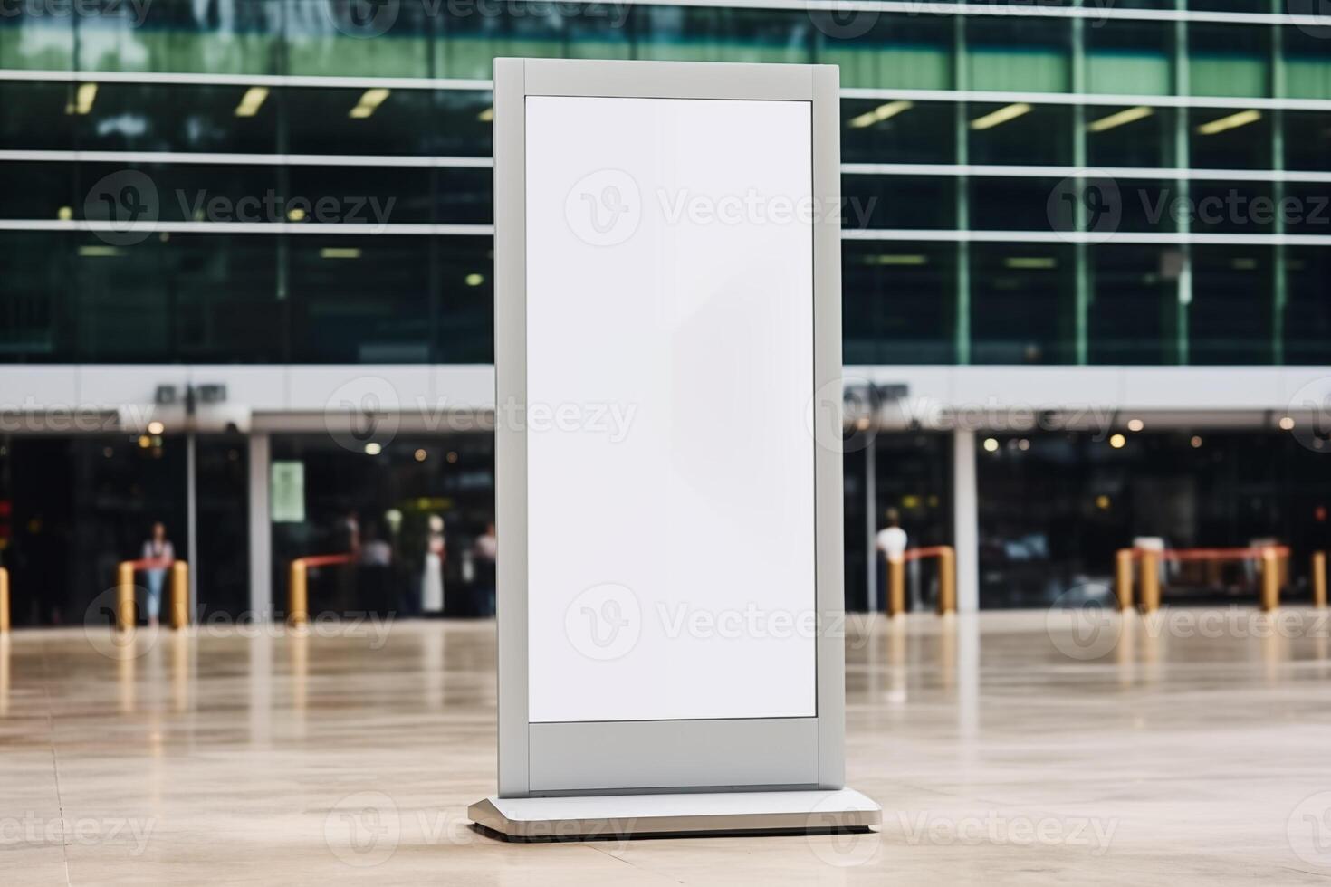 Blank white billboard stand or mupi mockup in company lobby background. Generate Ai photo