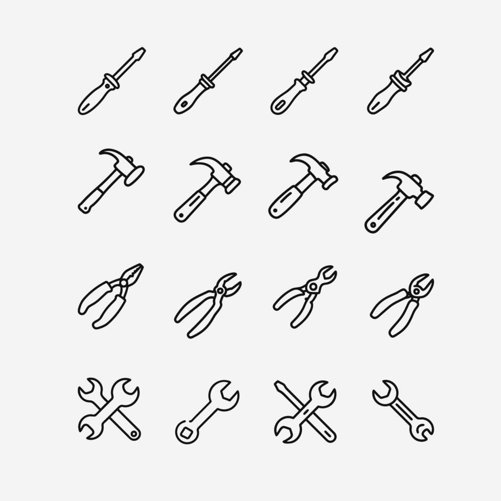 Set Of Mechanical Tools Or Equipement Icons Of Hammer, Screwdriver, Wrench and Pliers. vector