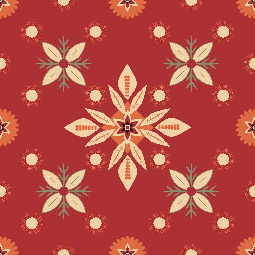 A red and white floral patterned carpet with a green leaf in the center vector