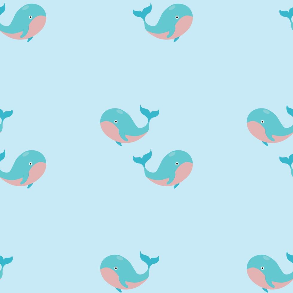 A blue and pink whale is shown in a pattern of many other whales vector