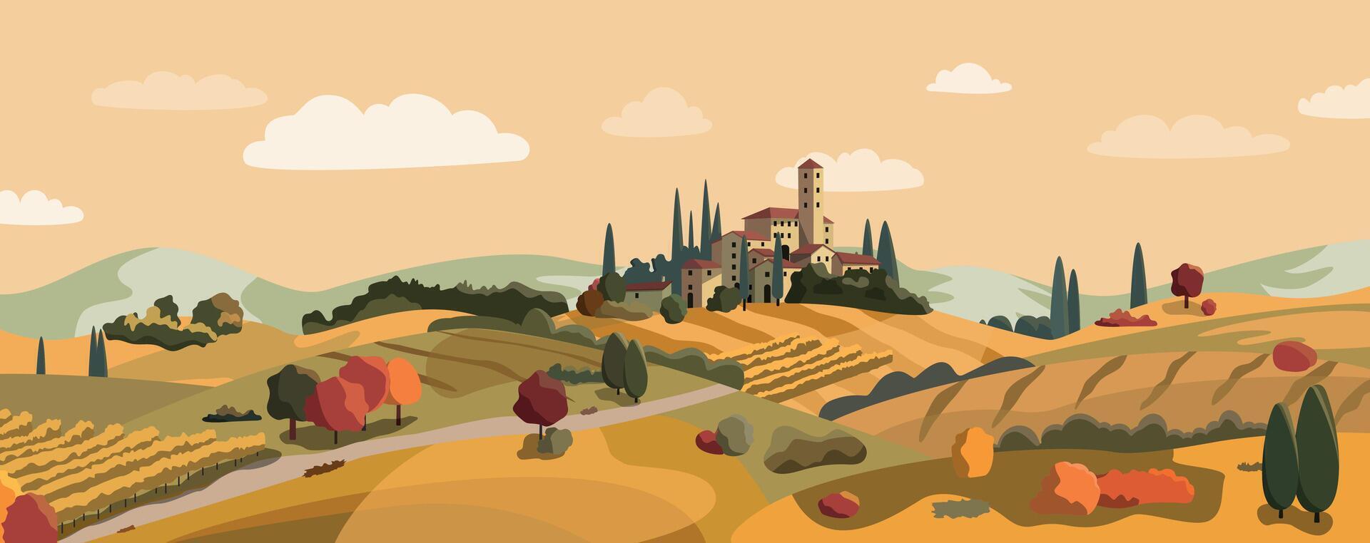 Autumn village cartoon landscape with hills and fields. Abstract Italian scene illustration. Flat design banner. European fall village. European countryside in fall. vector