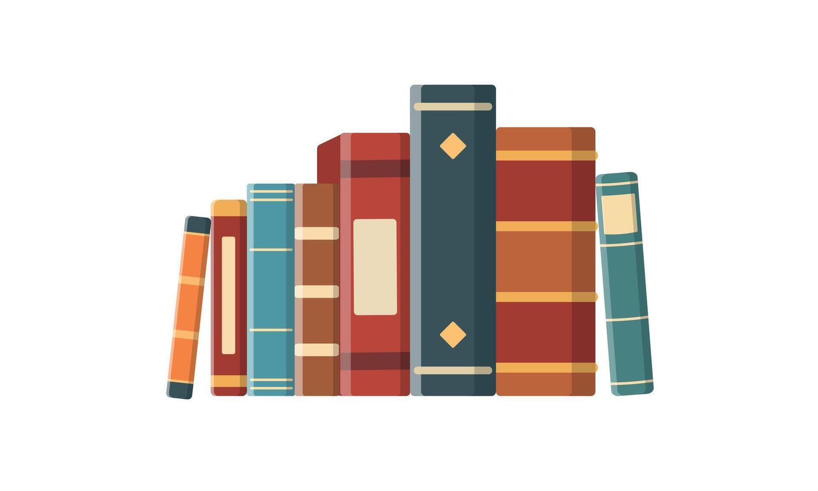 Book shelf with multicolored book spines. Books in a row illustration in flat style. Isolated on white background vector