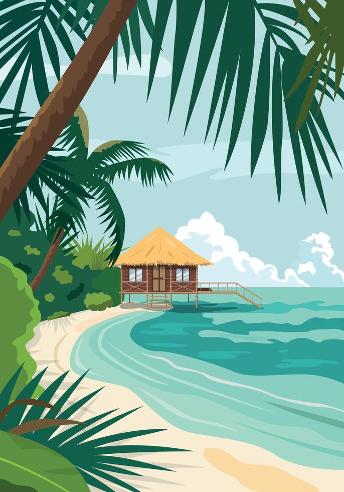 Tropical landscape with palm trees, bungalow, clouds and the sea. Handmade drawing illustration. Retro style poster. vector