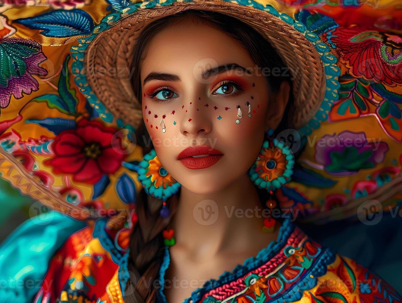 Woman wearing a colorful multicolored dress celebrating Hispanic Heritage Month. photo