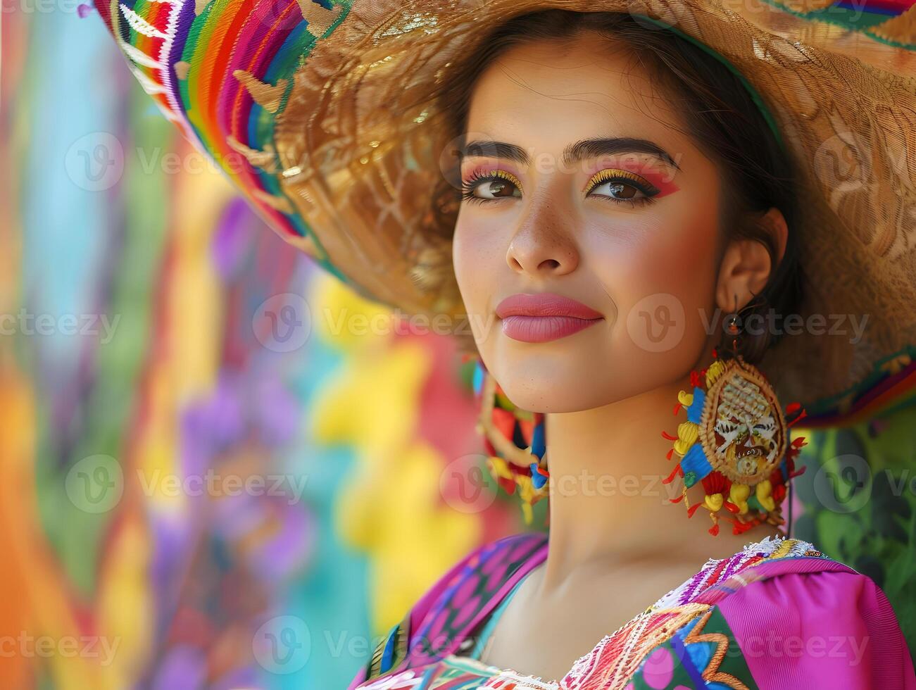 Woman wearing a colorful multicolored dress celebrating Hispanic Heritage Month. photo