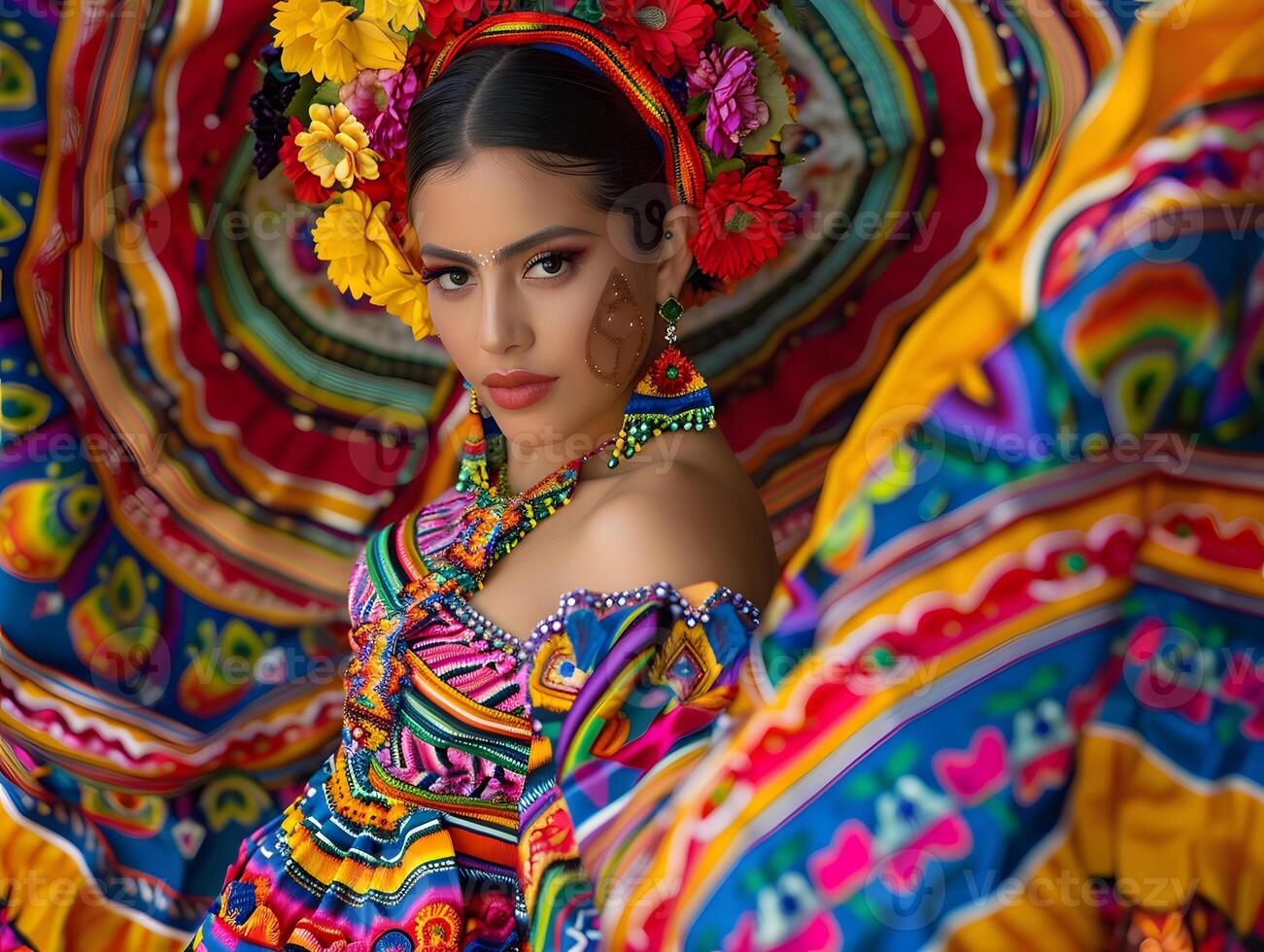 Woman wearing a colorful multicolored dress celebrating Hispanic Heritage Month. photo
