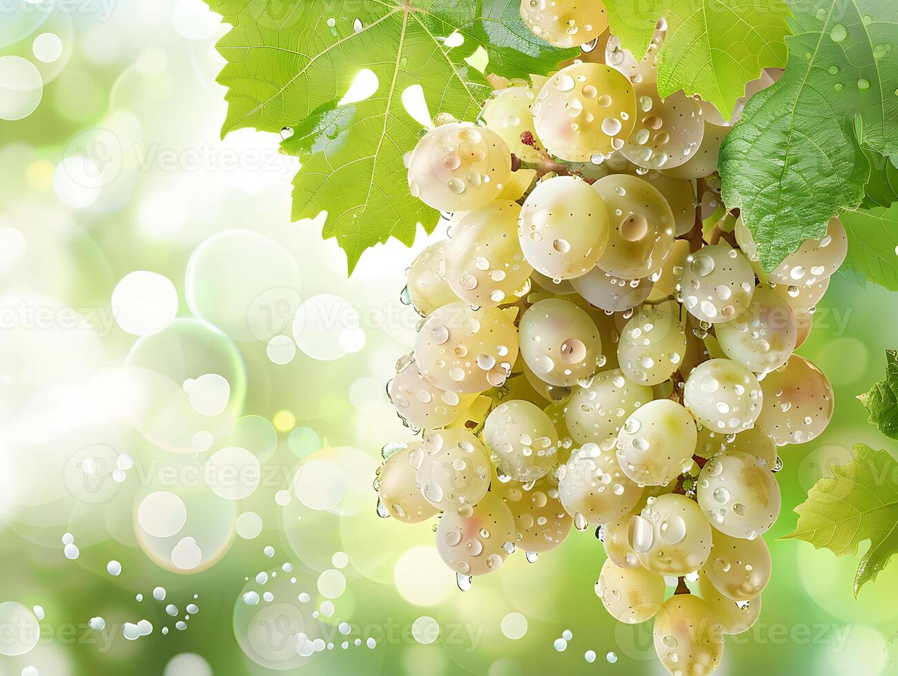 Ripe grapes in droplets of water with green leaves. Neural network photo