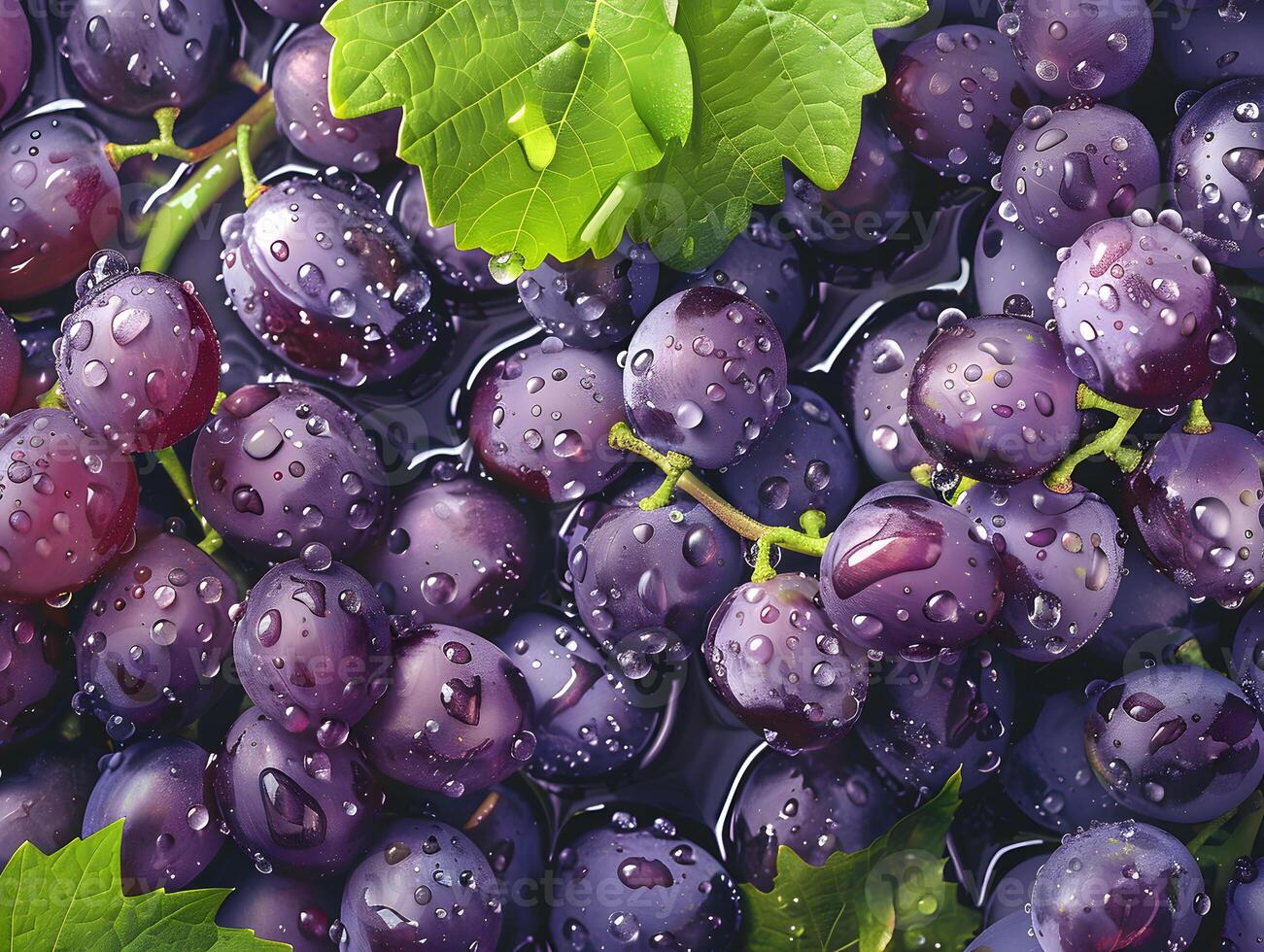 Ripe grapes in droplets of water with green leaves. Neural network photo