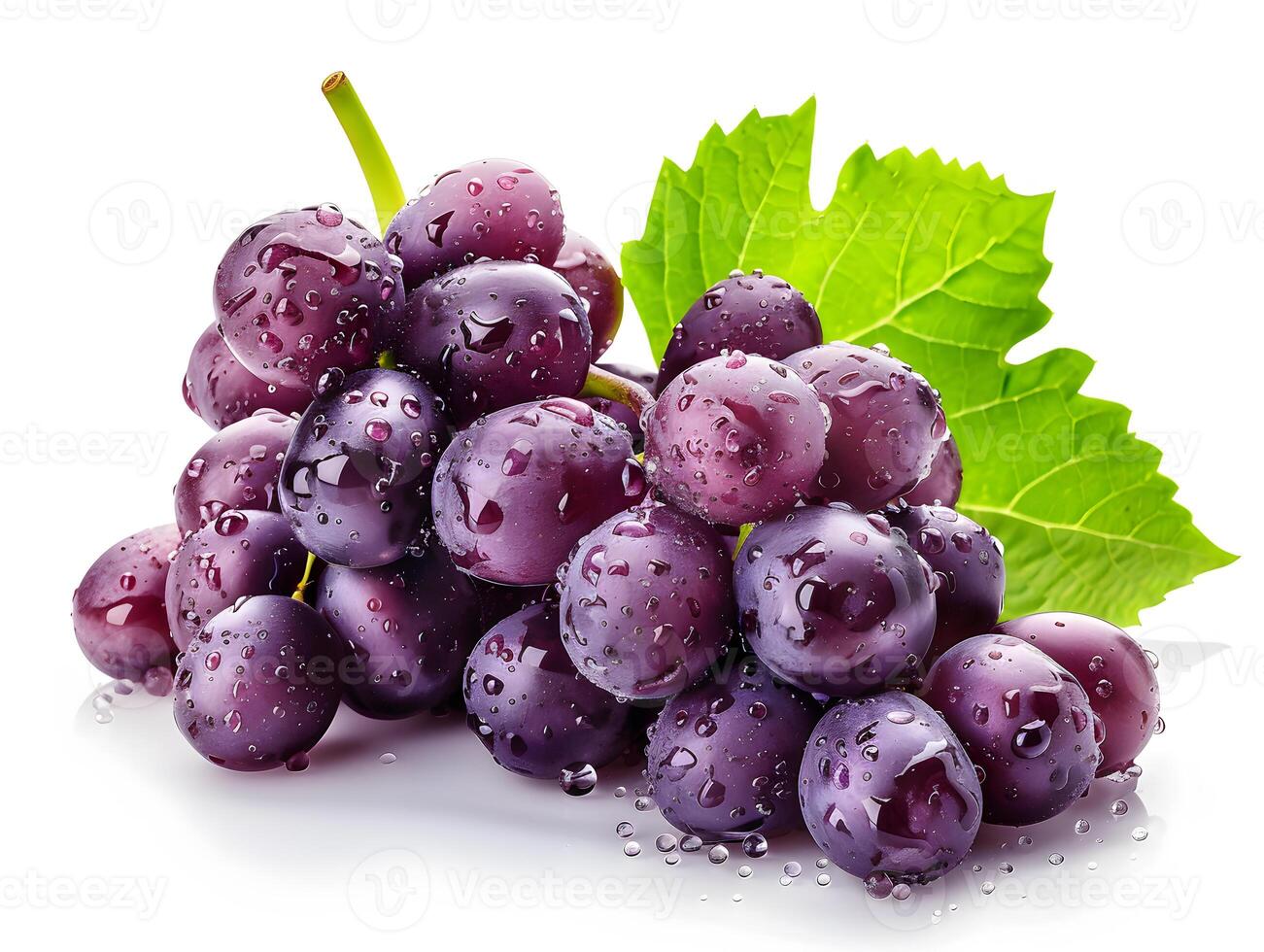 Ripe grapes in droplets of water with green leaves. Neural network photo