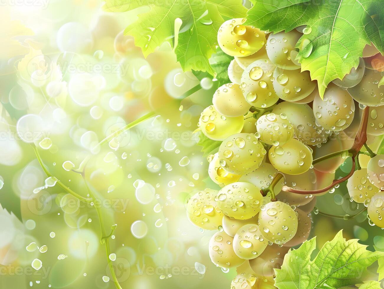 Ripe grapes in droplets of water with green leaves. Neural network photo