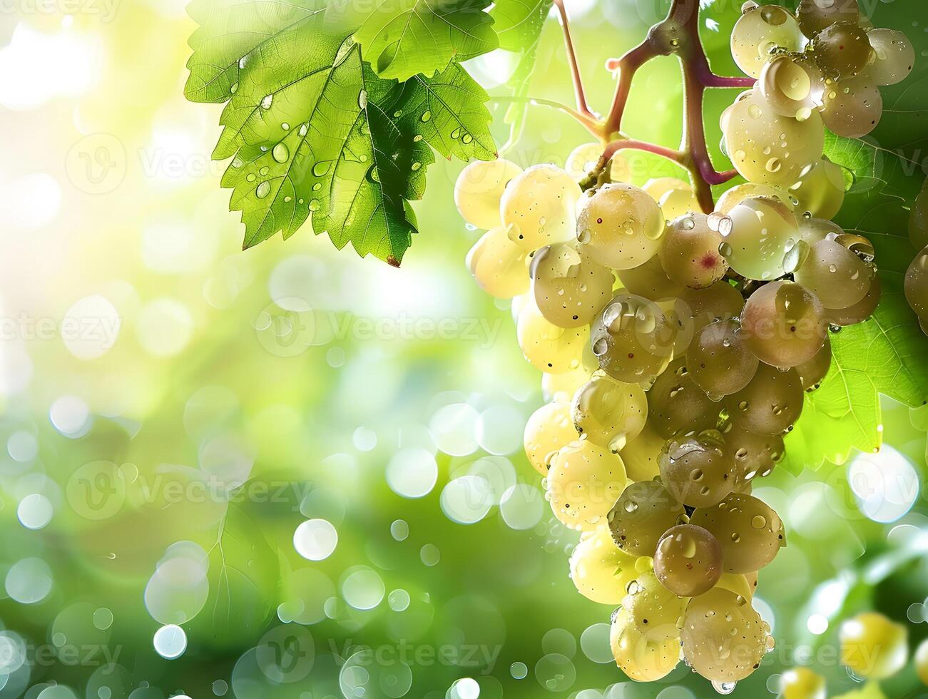 Ripe grapes in droplets of water with green leaves. Neural network photo