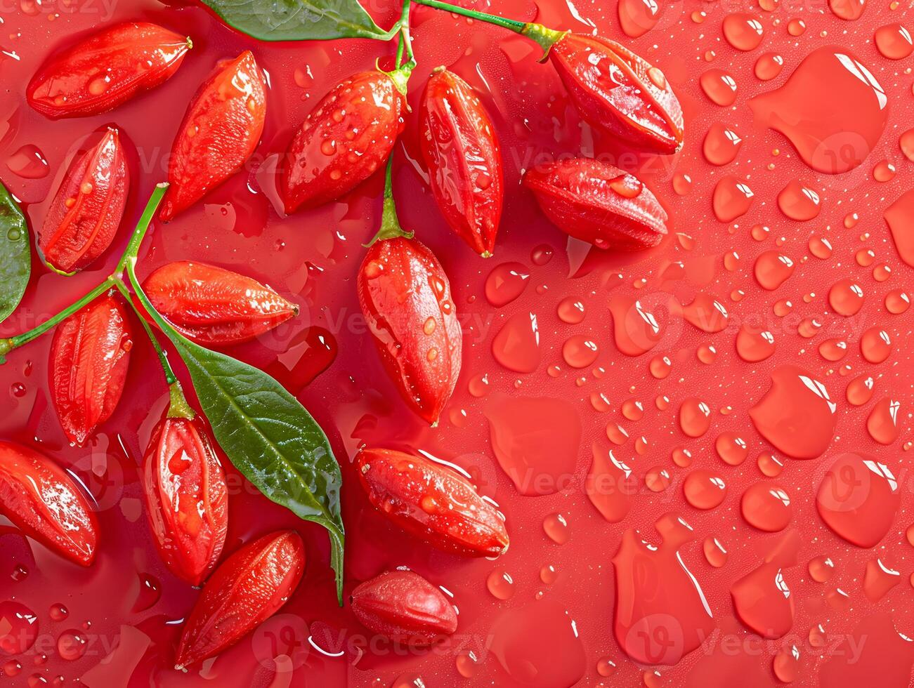 Ripe tropical goji berries in water droplets with green leaves. Neural network photo