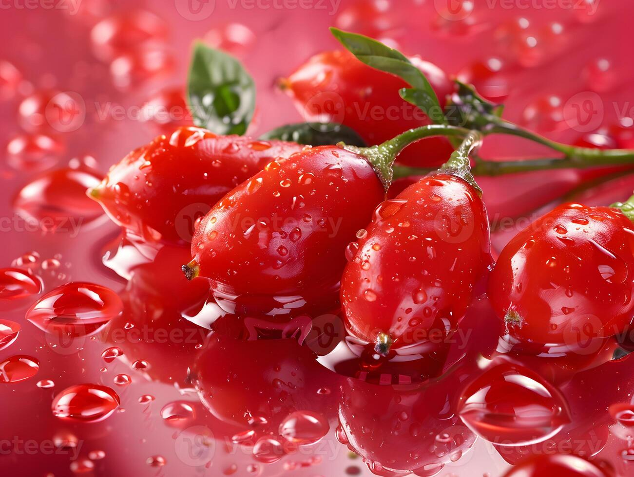 Ripe tropical goji berries in water droplets with green leaves. Neural network photo