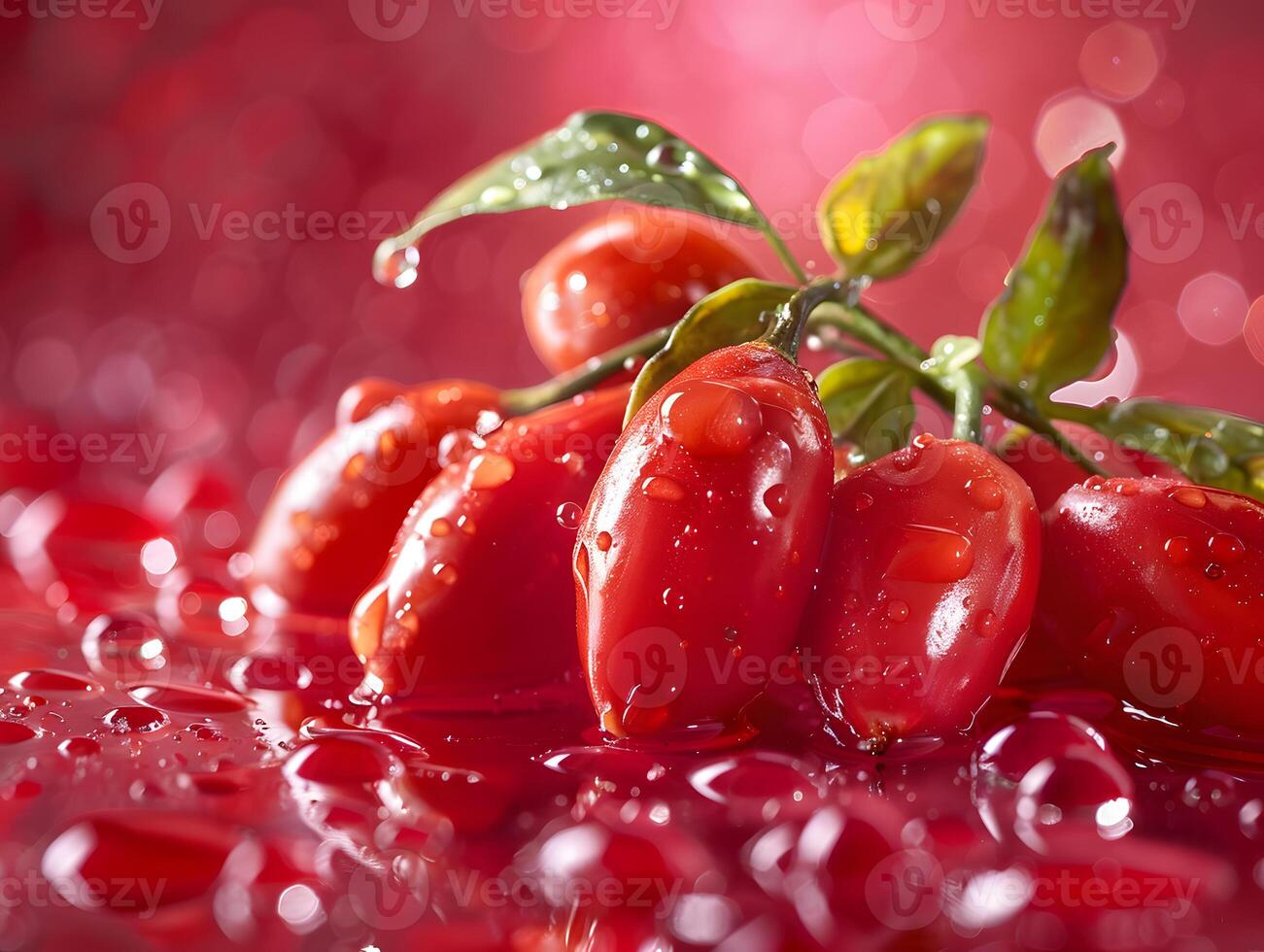 Ripe tropical goji berries in water droplets with green leaves. Neural network photo