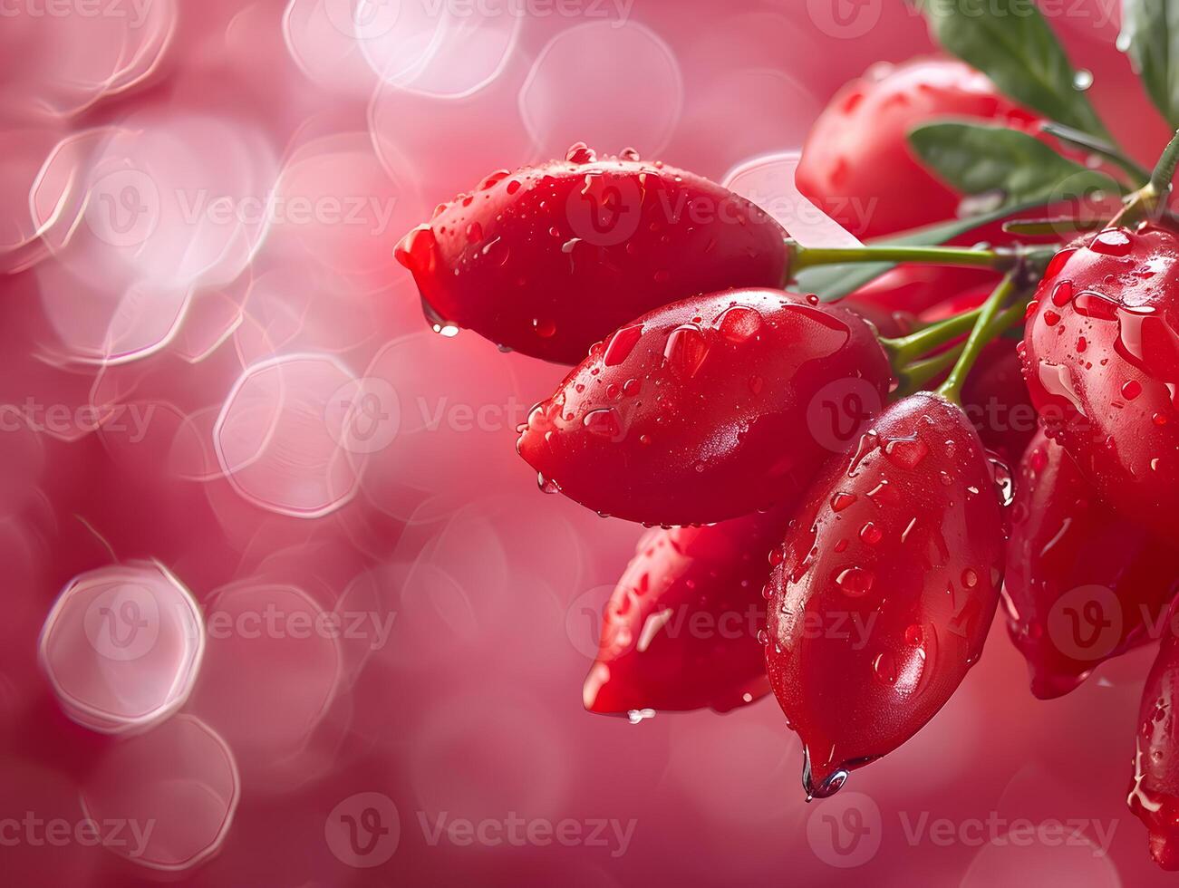 Ripe tropical goji berries in water droplets with green leaves. Neural network photo