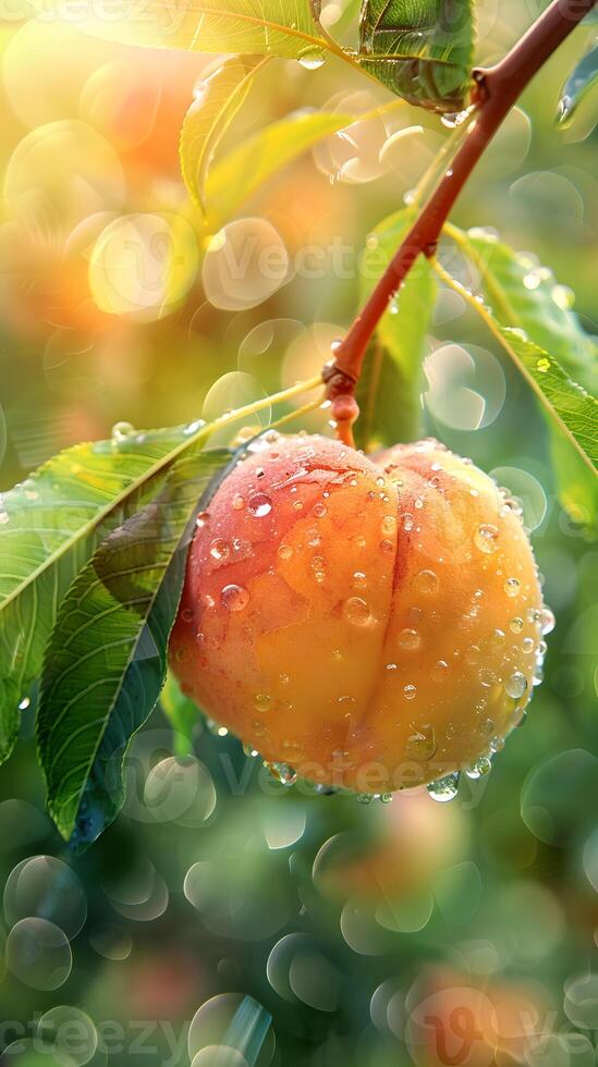 Ripe juicy peaches with water droplets and green leaves. Neural network photo