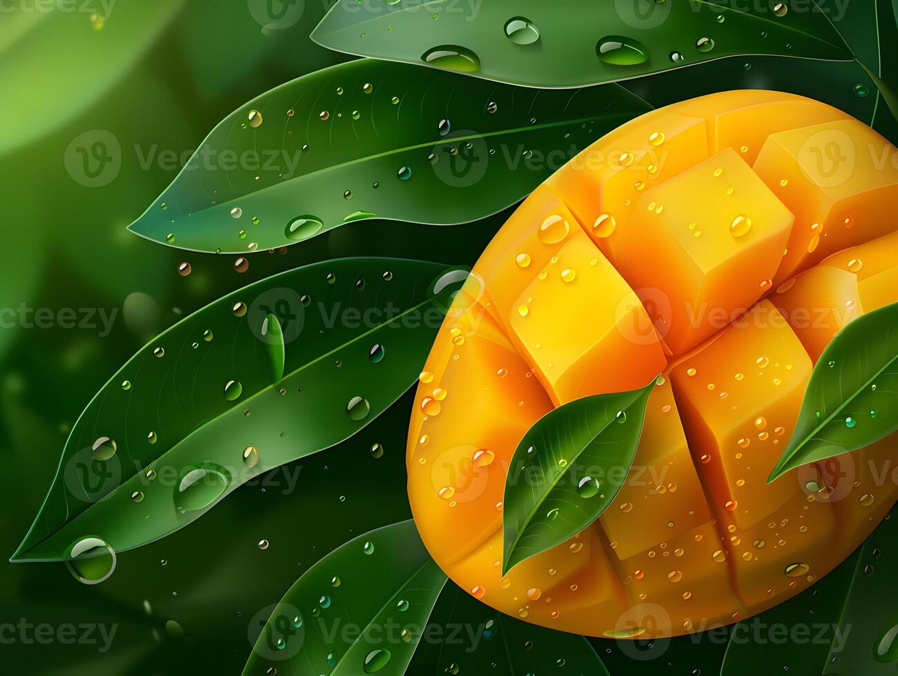 Juicy ripe mango in water droplets with green leaves. Neural network photo