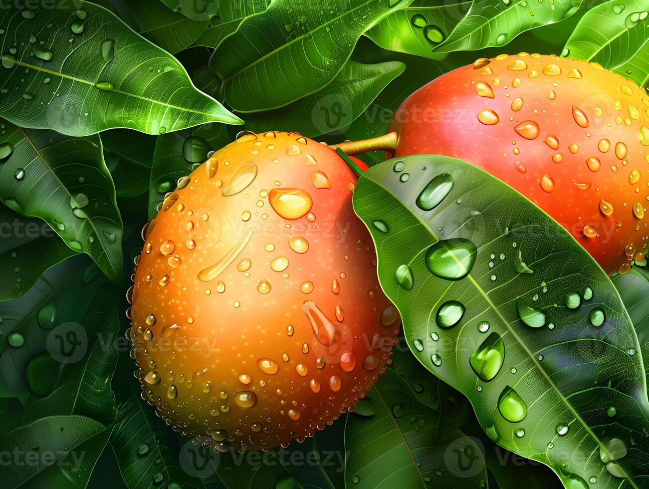 Juicy ripe mango in water droplets with green leaves. Neural network photo