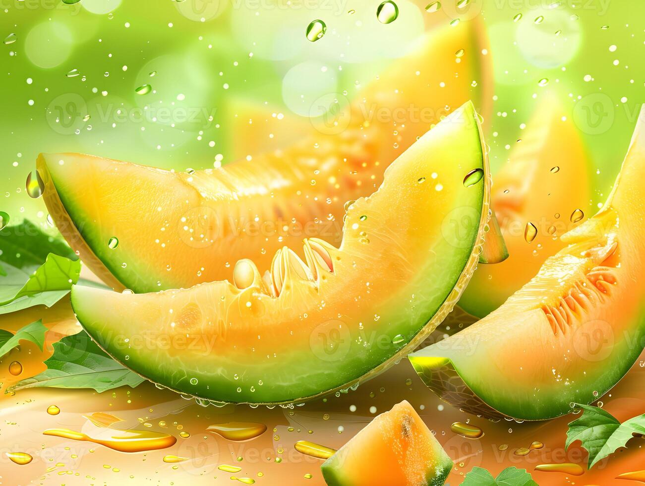 Juicy ripe melon whole and slices. Neural network photo