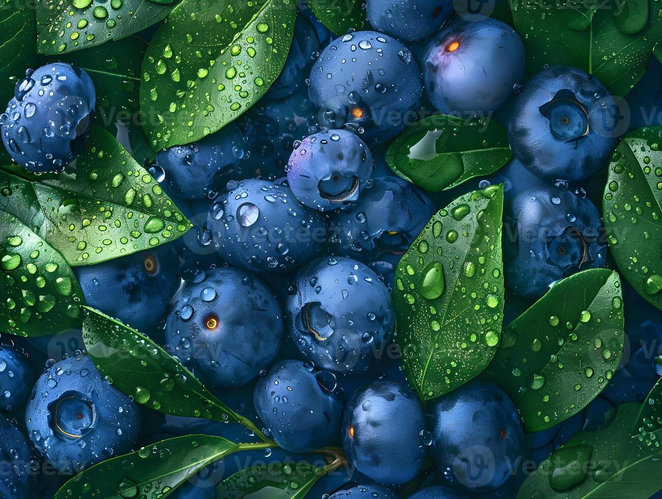 Juicy ripe blueberries in water droplets with green leaves. Neural network photo