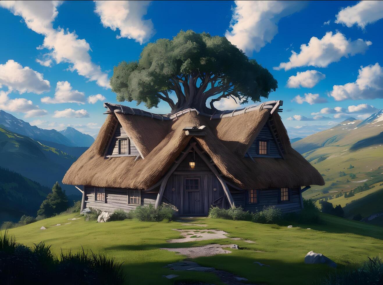 A captivating digital painting featuring a quaint wooden cottage with a thatched roof, nestled in the heart of a breathtaking mountain landscape photo