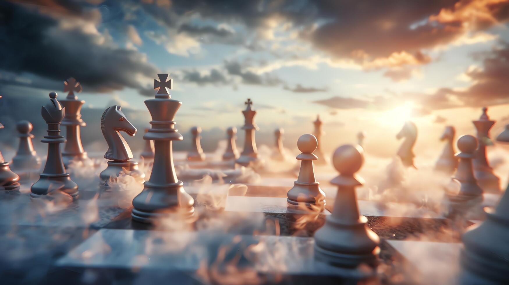 Majestic chess pieces on a foggy board during a stunning sunset, symbolizing strategy and competition. photo