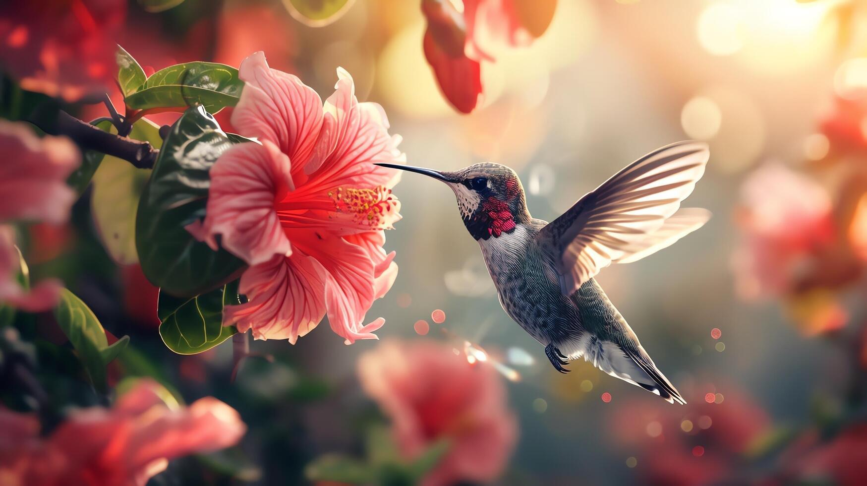 A vibrant hummingbird hovers gracefully, sipping nectar from a blooming hibiscus flower, illuminated by soft sunlight. photo